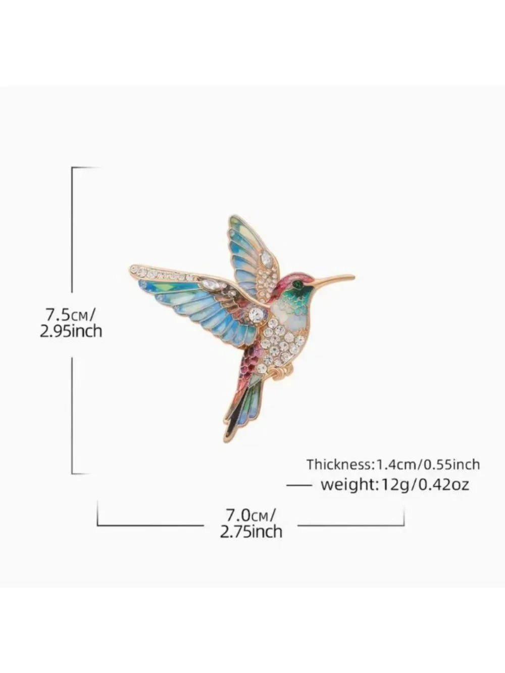 Beautiful Pink & Green Enamel & Crystal Hummingbird Brooch Pin